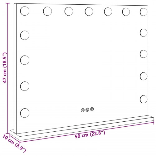LED makeupspejl - hvid 58 × 10 × 47 cm med 15 pærer og touch