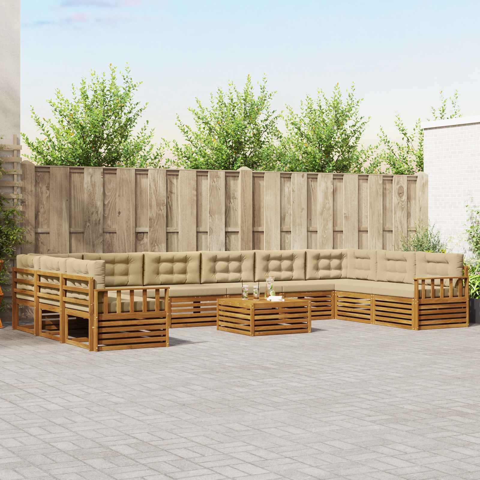 Sofasæt til terrasse med puder, 11 dele - naturlig/beige, massivt akacietræ
