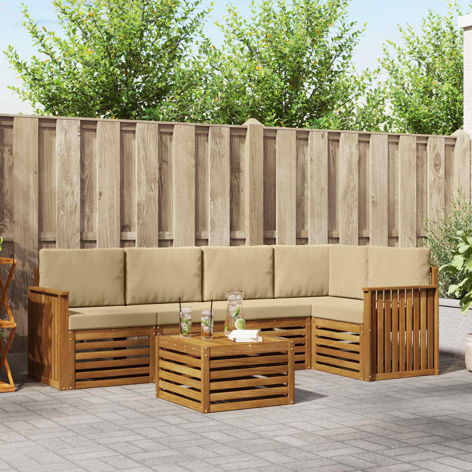 Sofasæt Med Pude 6 Dele Naturlig Og Beige Massivt Akacietræ - Naturlig og beige / Skinne