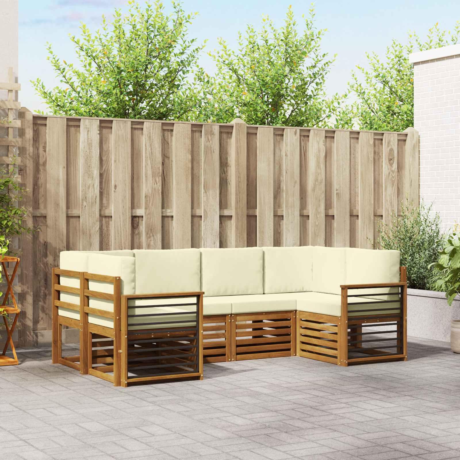 Sektionalsofa sæt til terrasse med puder - naturlig træ og fløde, 6 dele