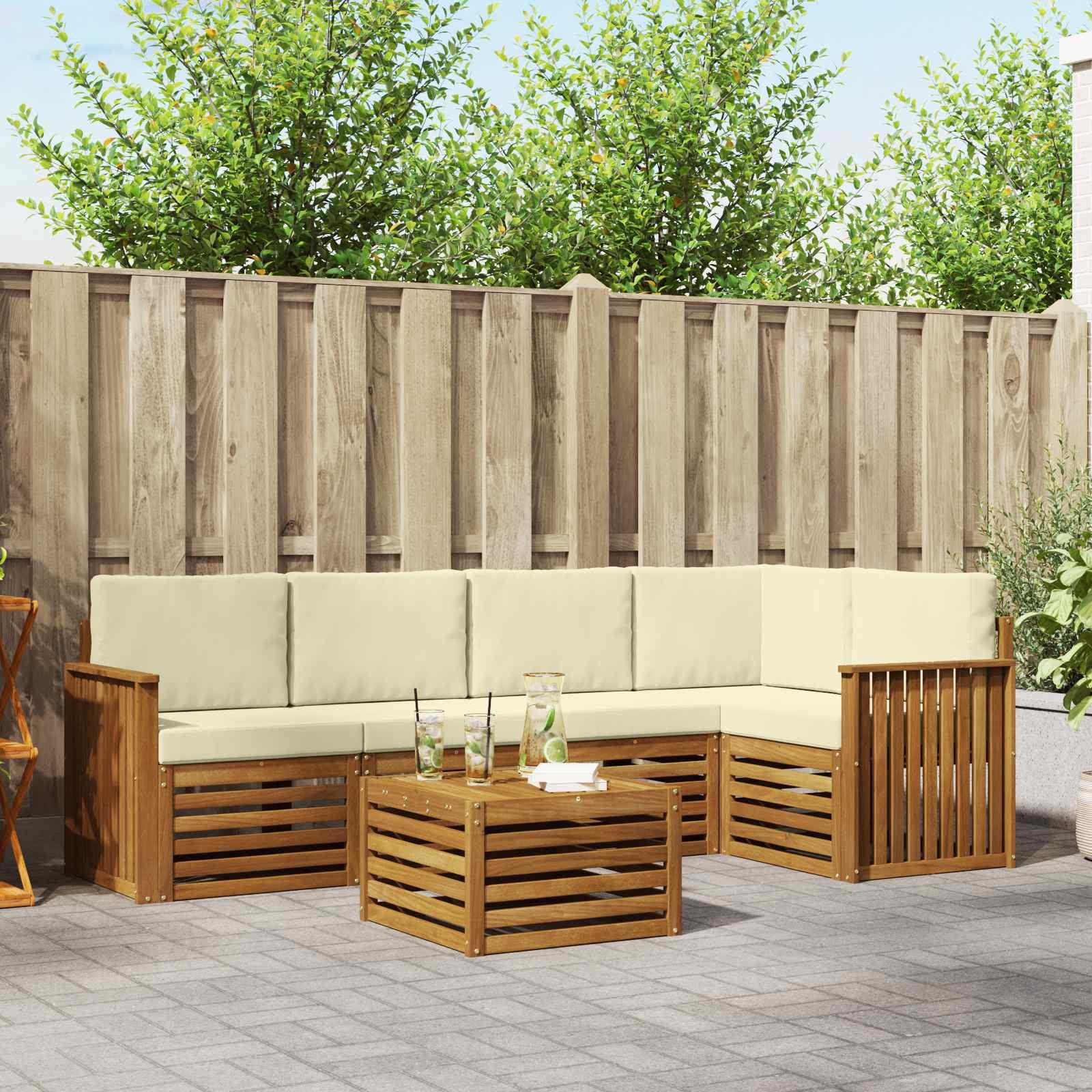 Sofasæt Med Pude 6 Dele Naturlig Og Beige Massivt Akacietræ - Natur og cremefarvet / Skinne