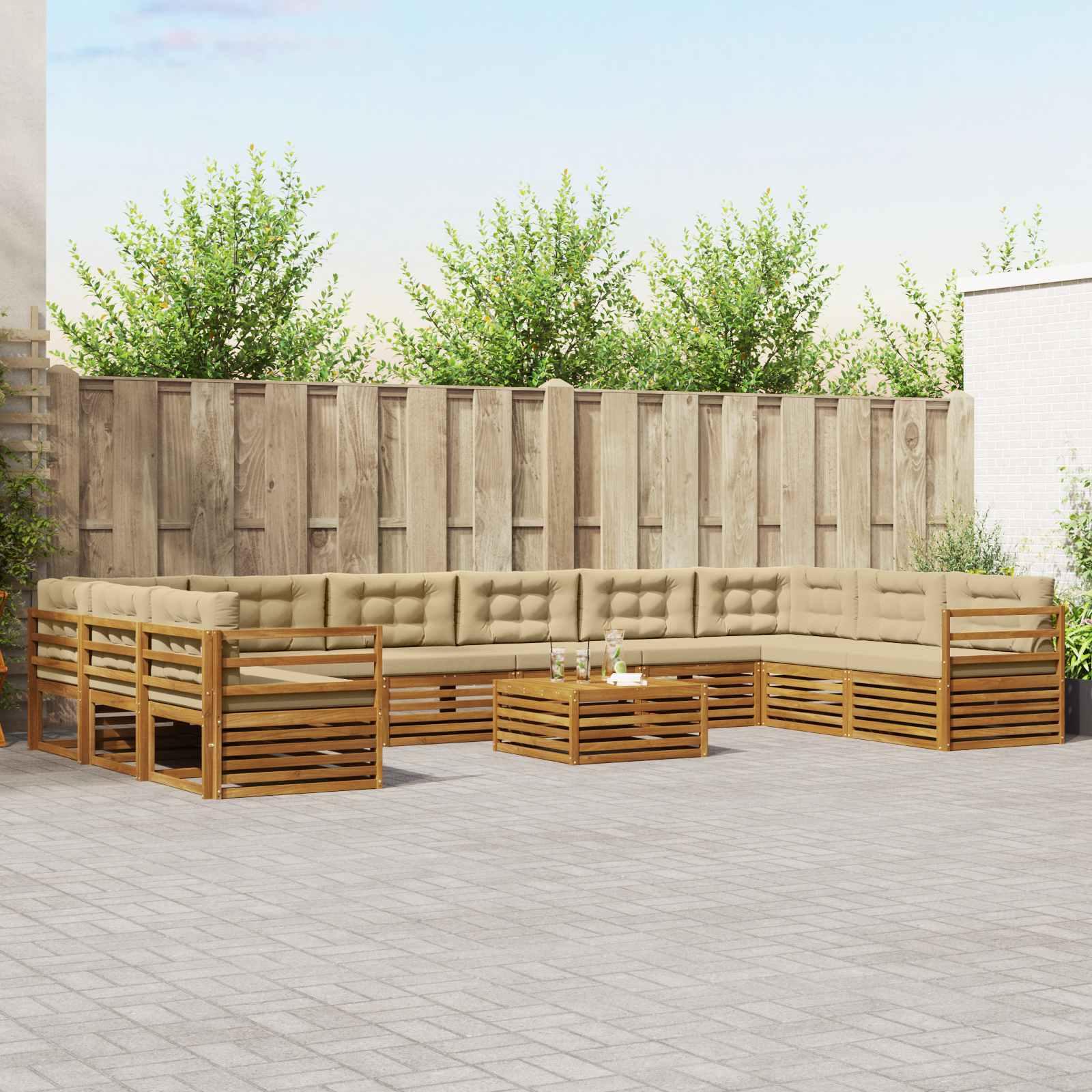 Sofasæt til terrasse - 11 dele i massivt akacietræ, naturlig/beige med puder
