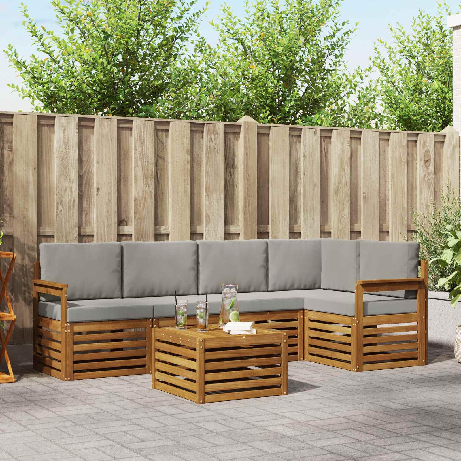 Sofasæt Med Pude 6 Dele Naturlig Og Beige Massivt Akacietræ - Naturlig og lys grå / Åben ramme