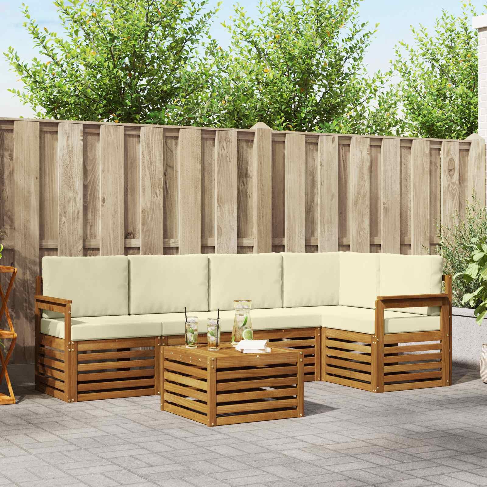 Sofasæt Med Pude 6 Dele Naturlig Og Beige Massivt Akacietræ - Natur og cremefarvet / Åben ramme