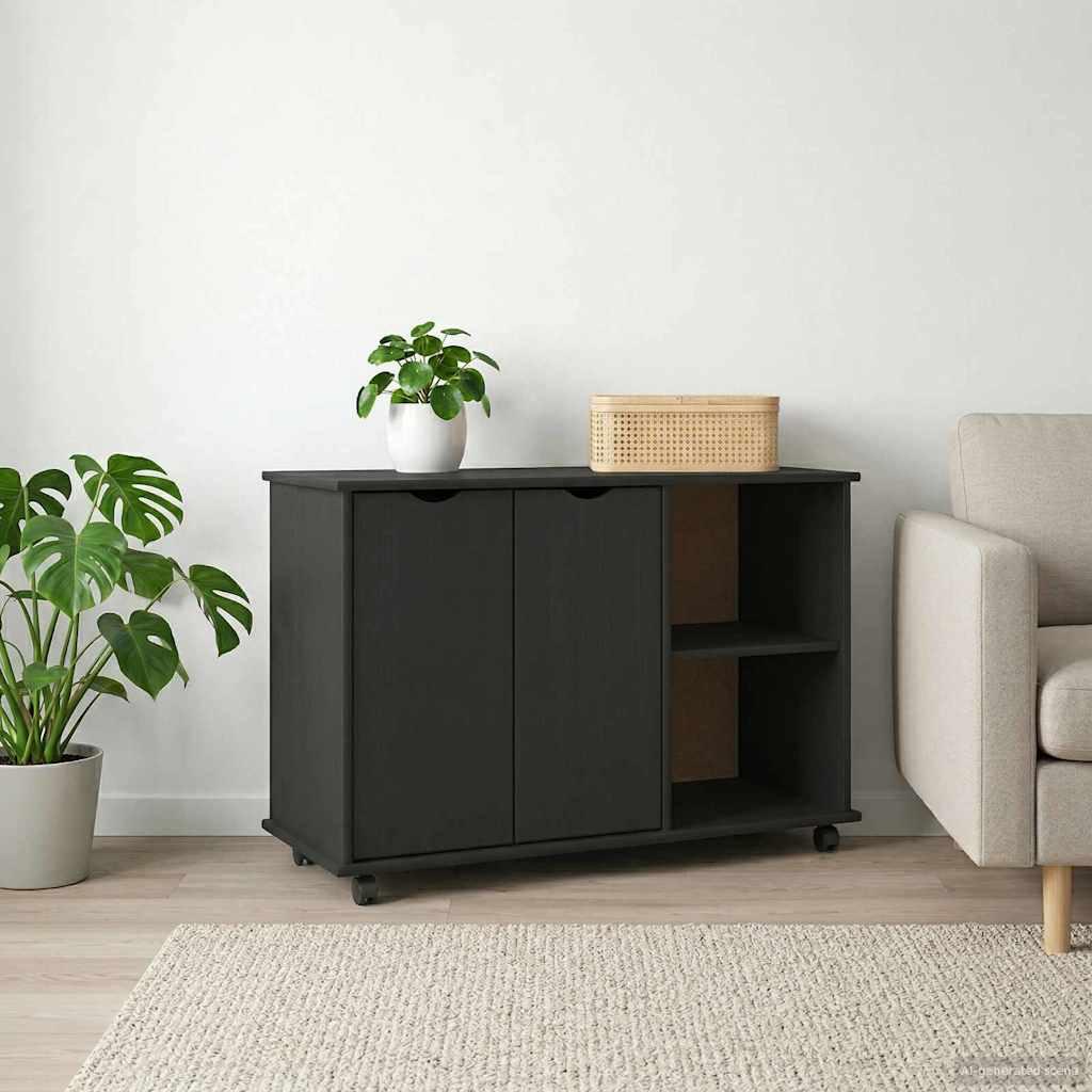 Rullende skab med hjul Sort 100 x 39 x 65,5 cm Massivt fyrretræ