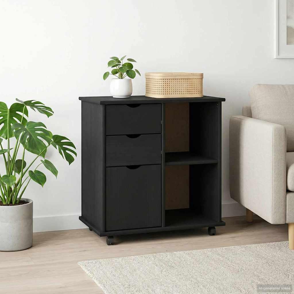 Rullende opbevaringsskab i massivt fyrretræ - sort, 63,5 × 39 × 65,5 cm
