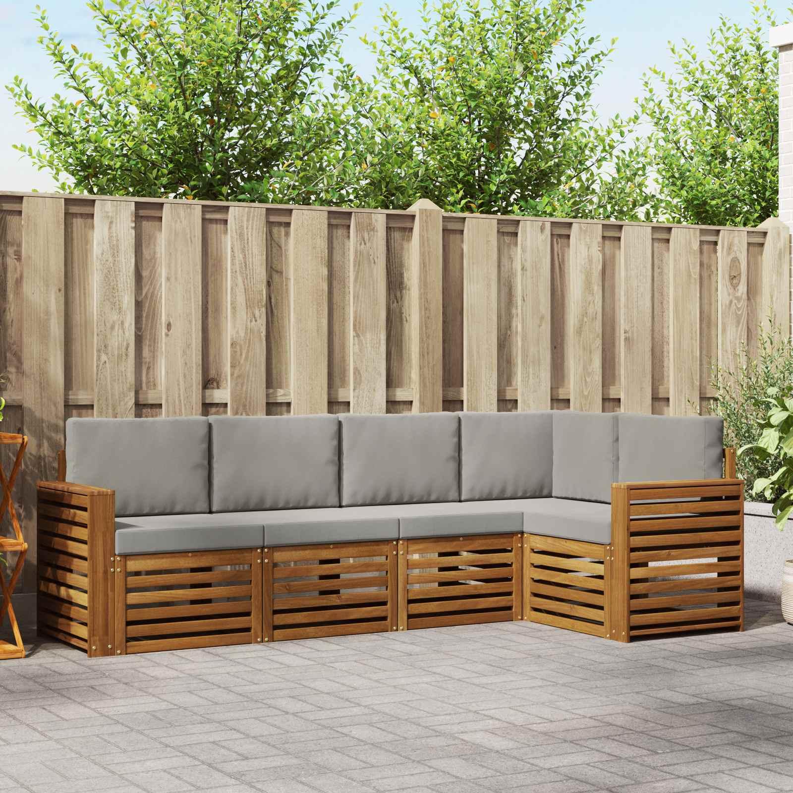 Sektionalsofa sæt til terrasse - 5 dele i massivt akacietræ, naturlig/lys grå