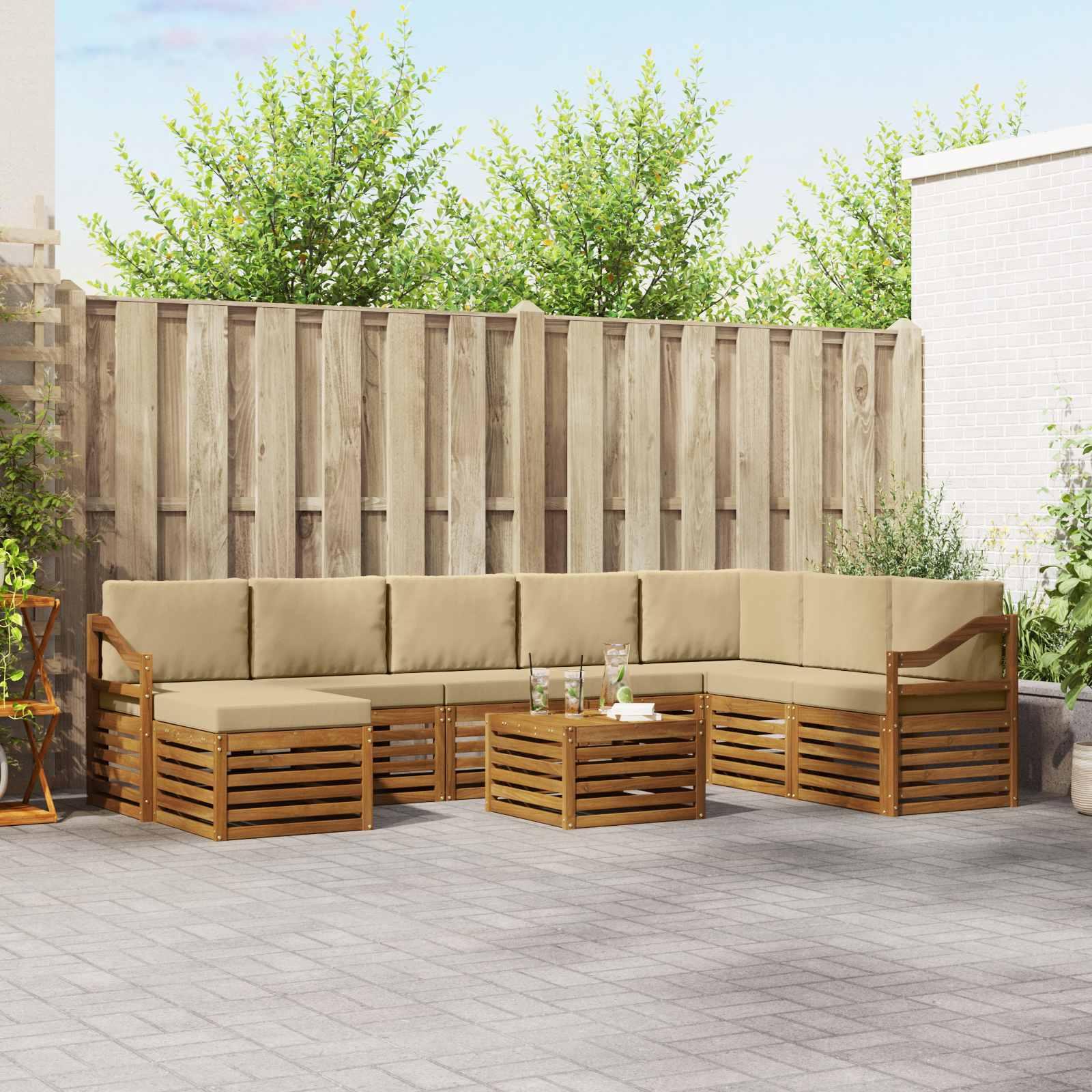 Sofasæt med pude 9 stk Naturlig og Beige Massivt Akacietræ