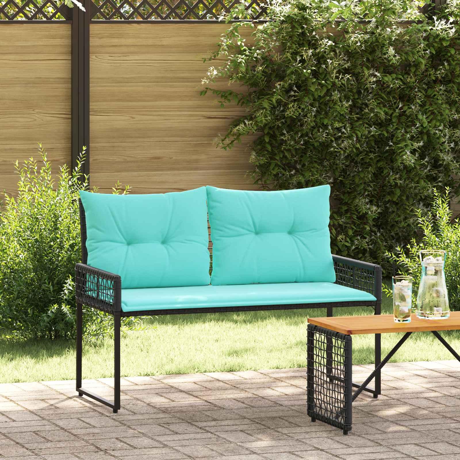 Udendørs bænk Sort og turkis 118 x 55 x 82 cm PE Rattan og stof