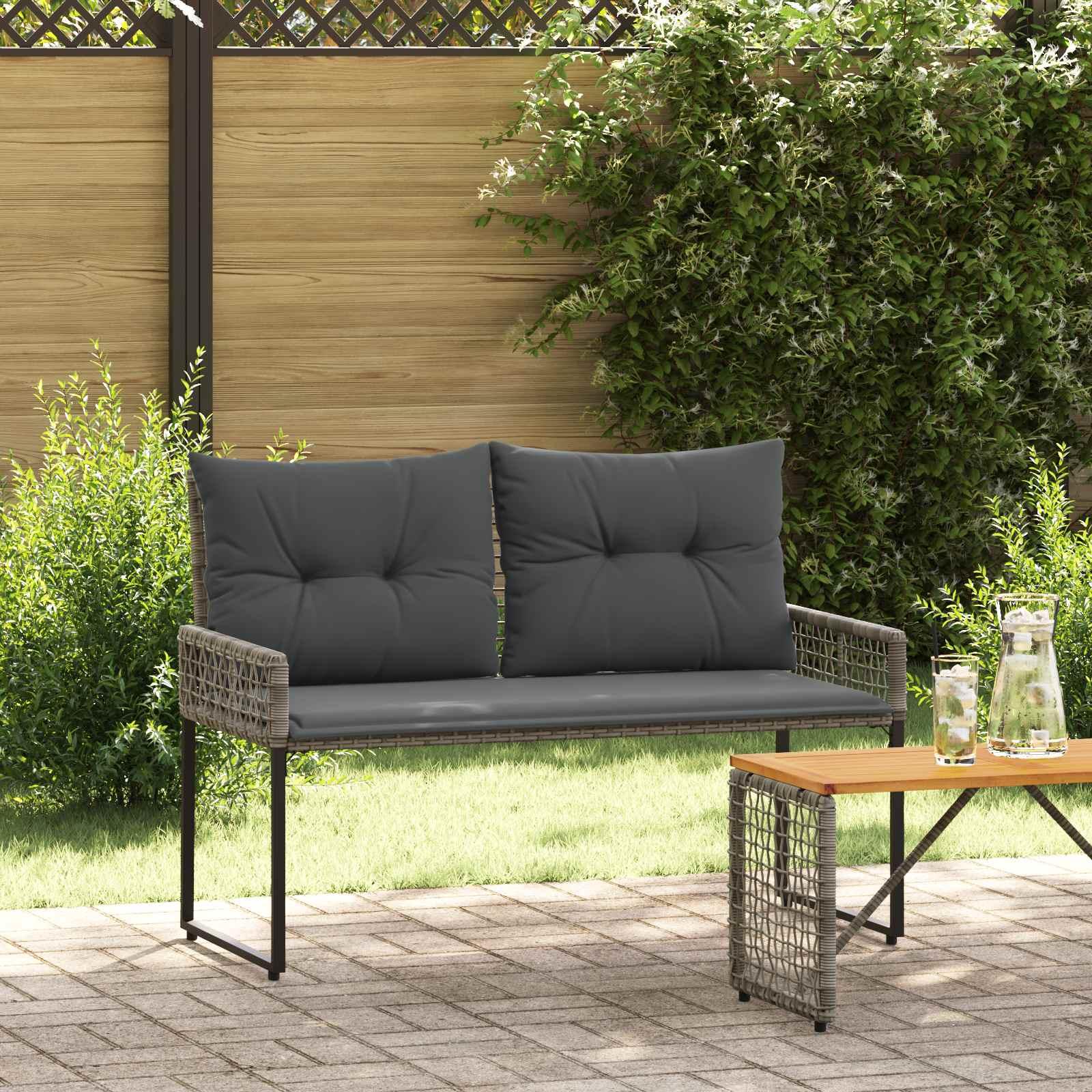 Udendørs bænk med pude Grå 118 x 55 x 82 cm PE Rattan og stof