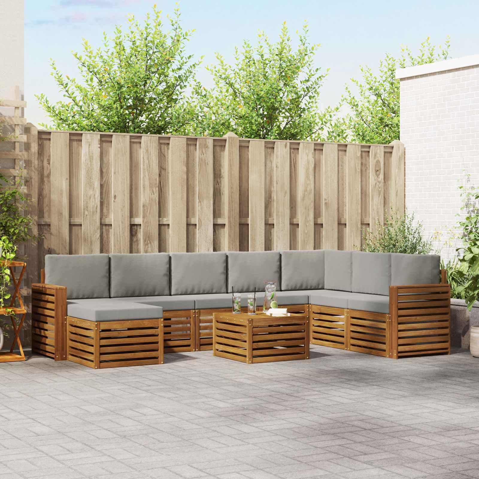 Sofasæt med pude 9 stk Naturlig og Lys Grå Massivt Akacietræ