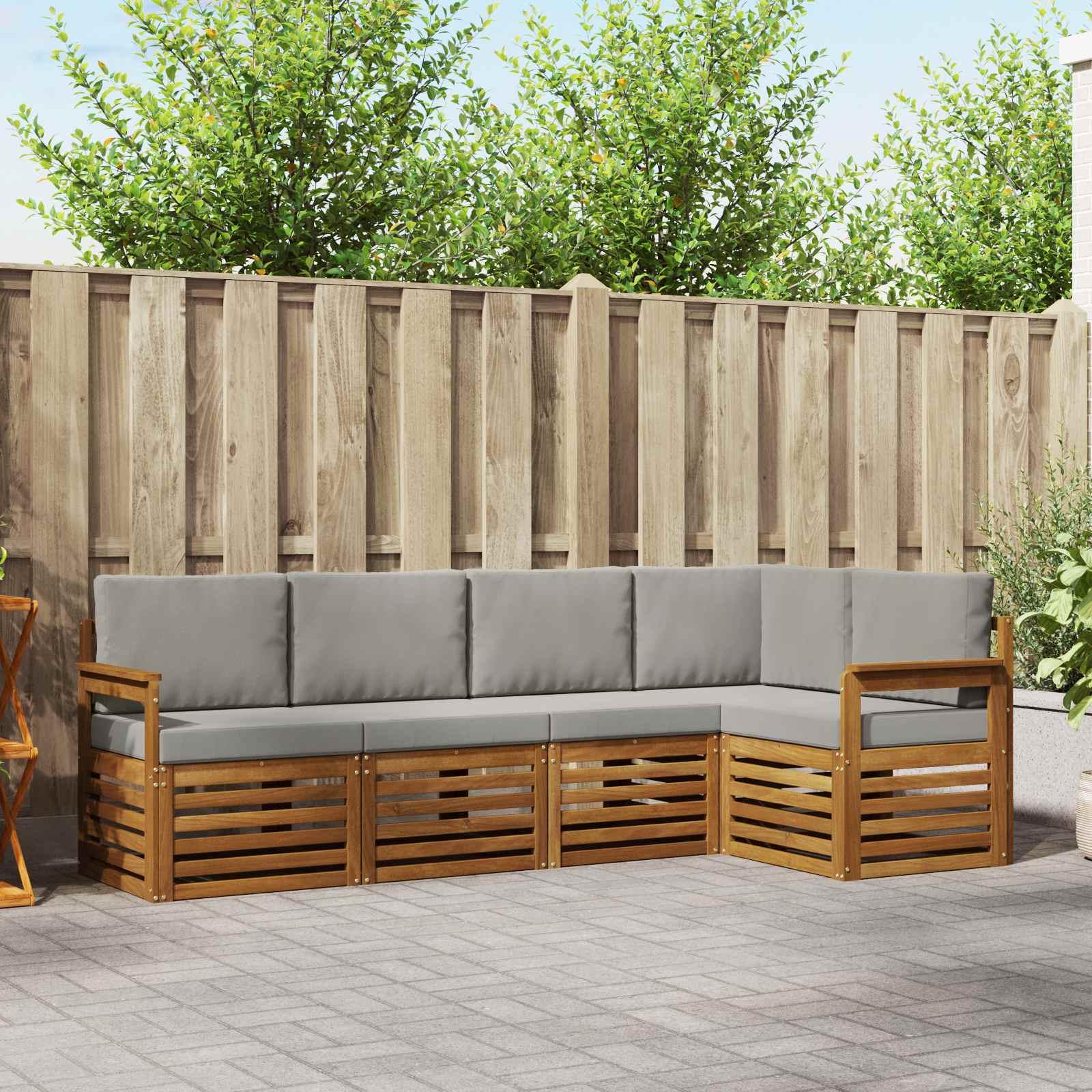 Sektionalsofa sæt til terrasse - 5 dele i massivt akacietræ, naturlig/lys grå