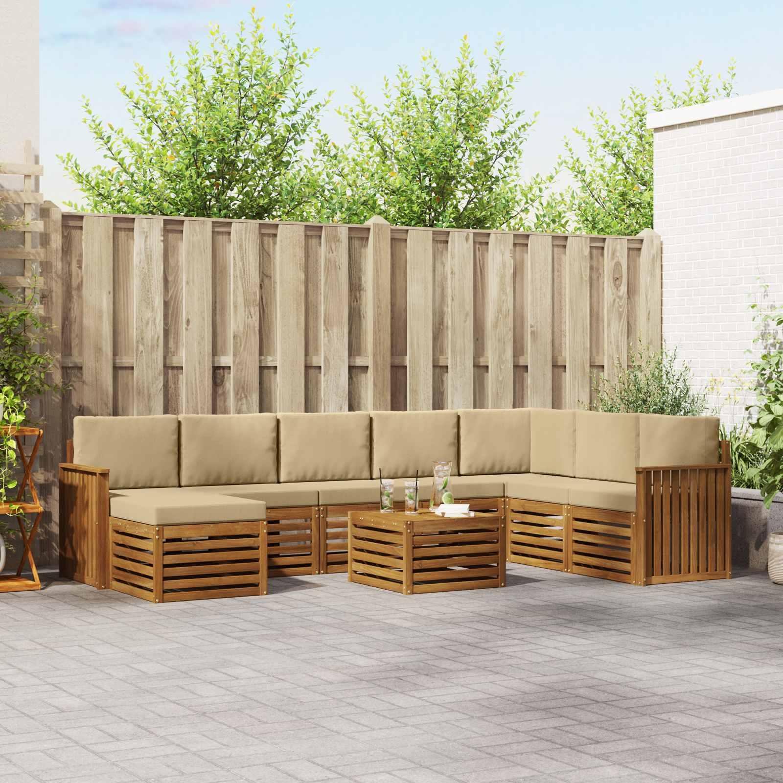 Sofasæt med pude 9 stk Naturlig og Beige Massivt Akacietræ