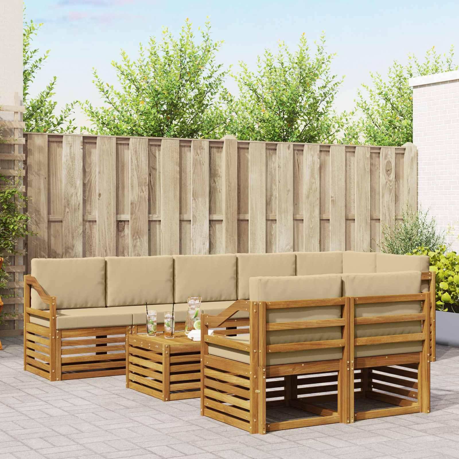 Sofasæt 9 Dele Massivt Akacietræ - Naturlig og beige / Skrå