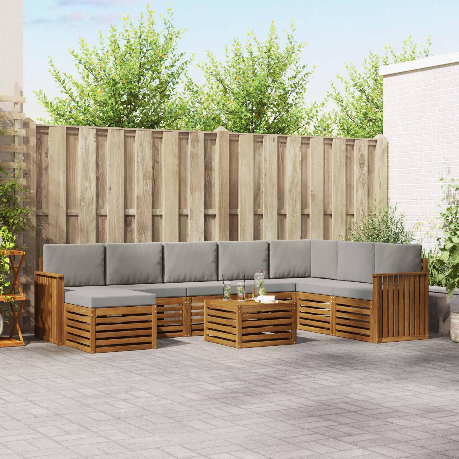 Sofasæt med pude 9 stk Naturlig og Lys Grå Massivt Akacietræ