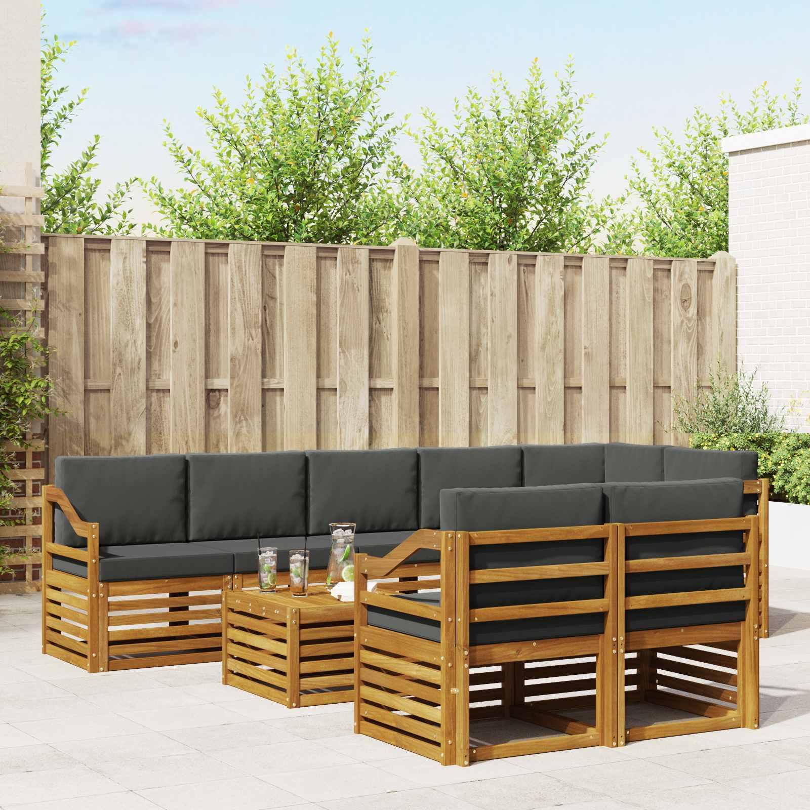 Sofasæt 9 Dele Massivt Akacietræ - Naturlig og antracit / Skrå