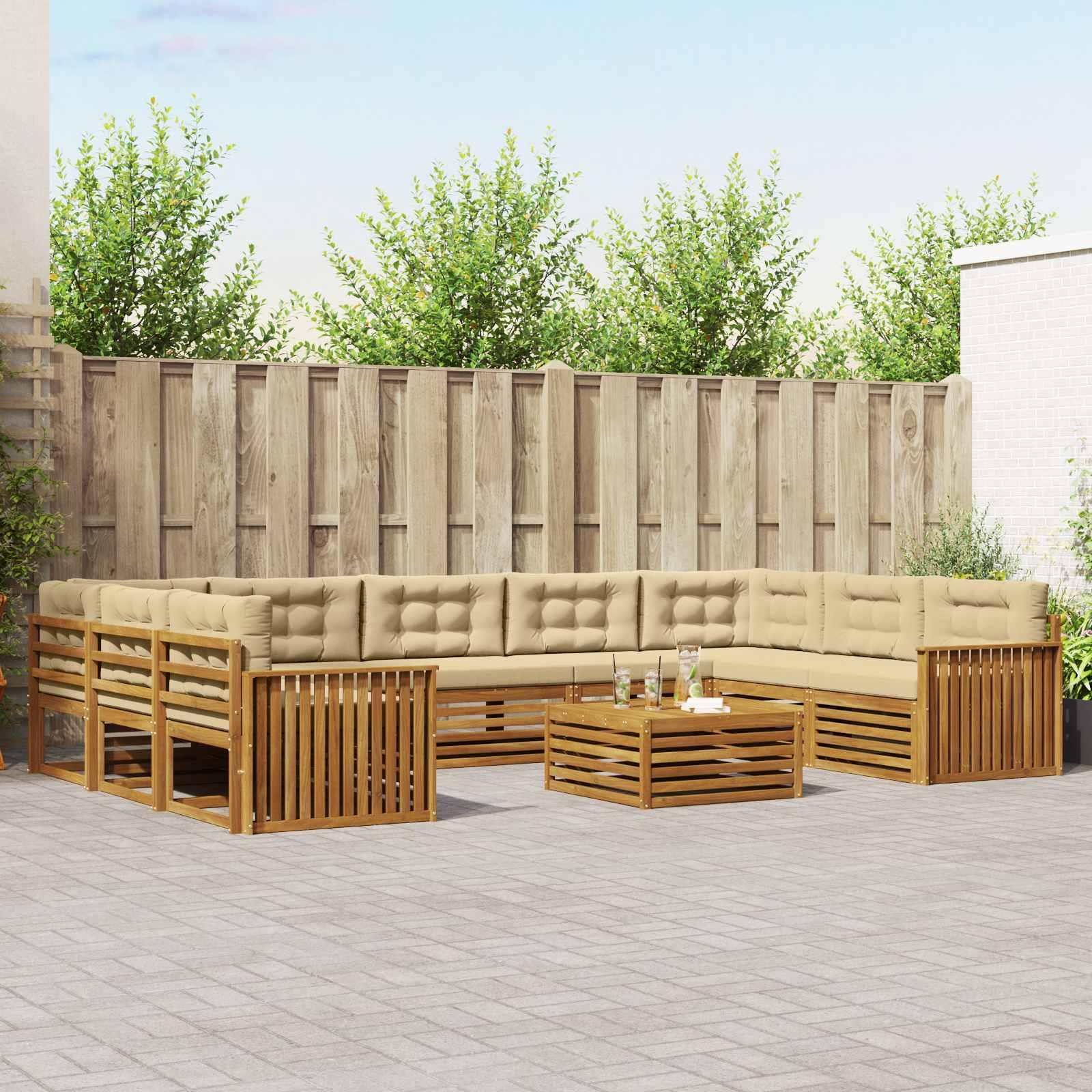 Sofasæt med pude 10 stk Naturlig og Beige Massivt Akacietræ