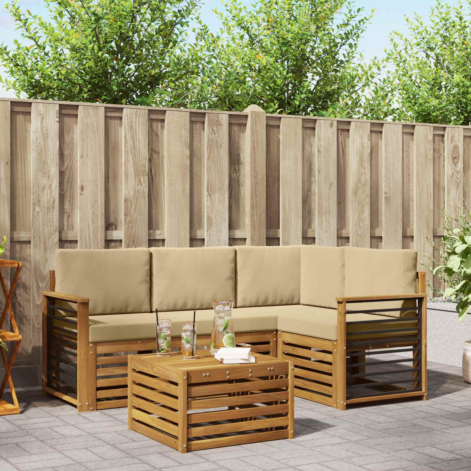 Udendørs sofagruppe i akacietræ - modulsofa med puder, 5 dele, naturlig/beige