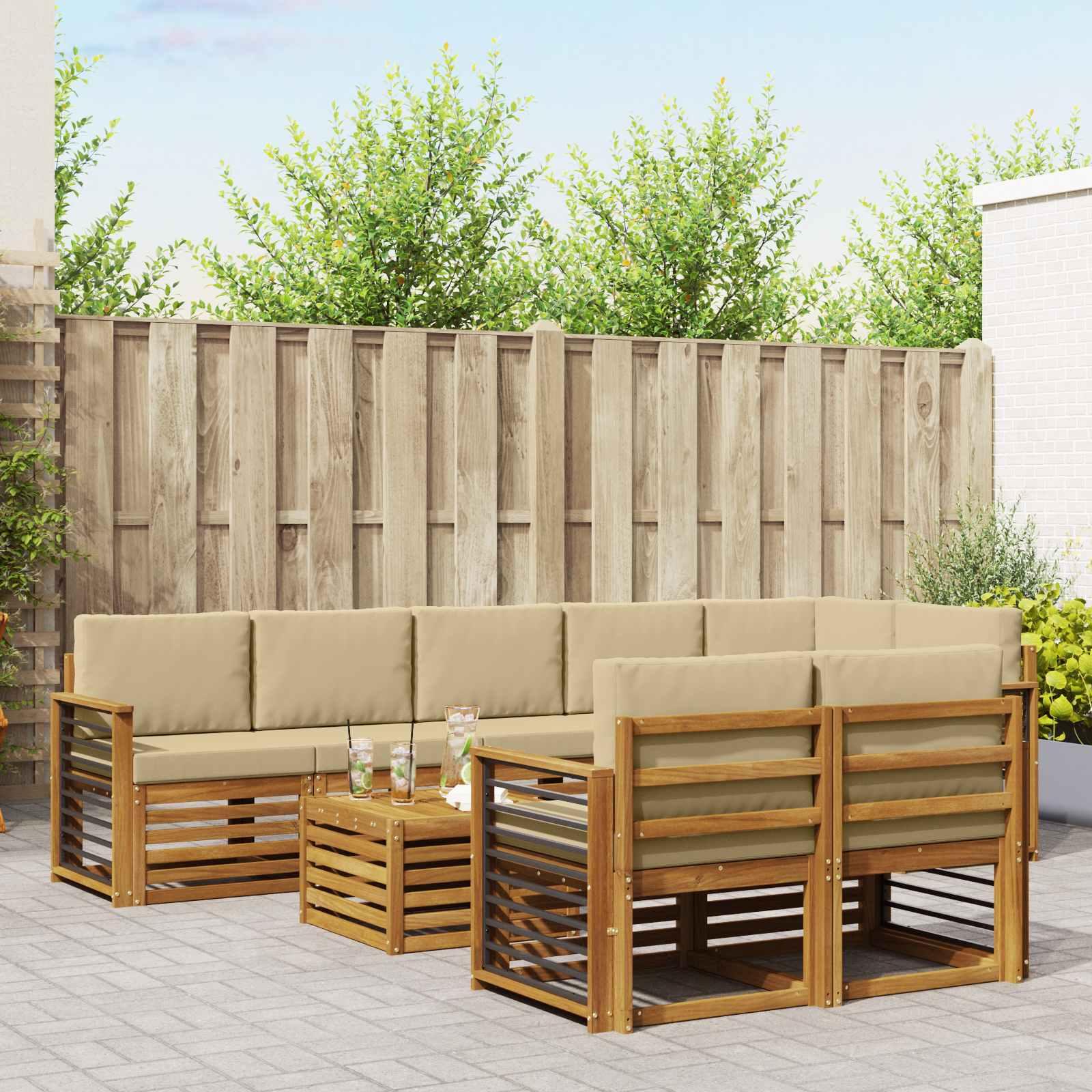 Sofasæt 9 Dele Massivt Akacietræ - Naturlig og beige / egnet til lejlighed