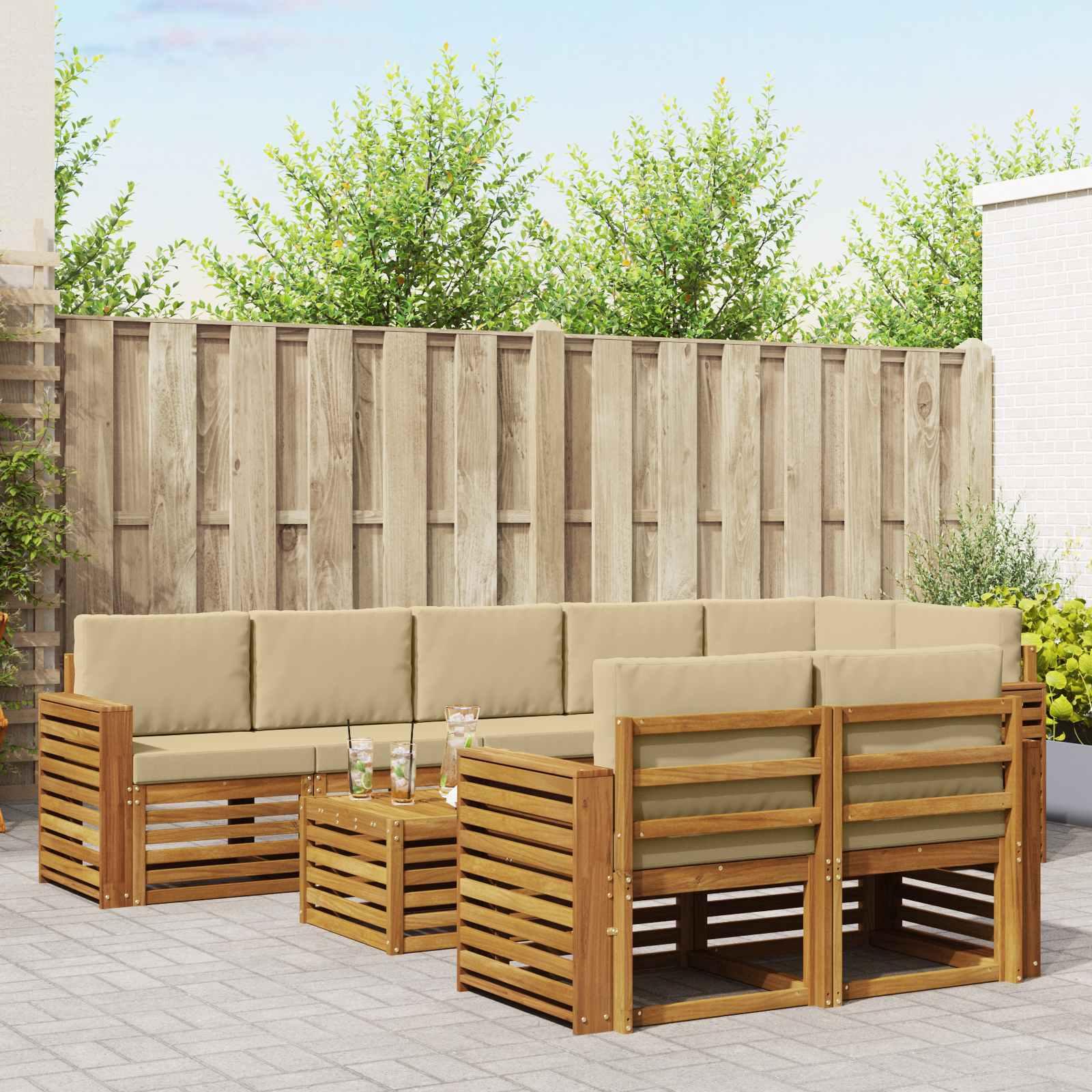 Sofasæt 9 Dele Massivt Akacietræ - Naturlig og beige / Bred flad