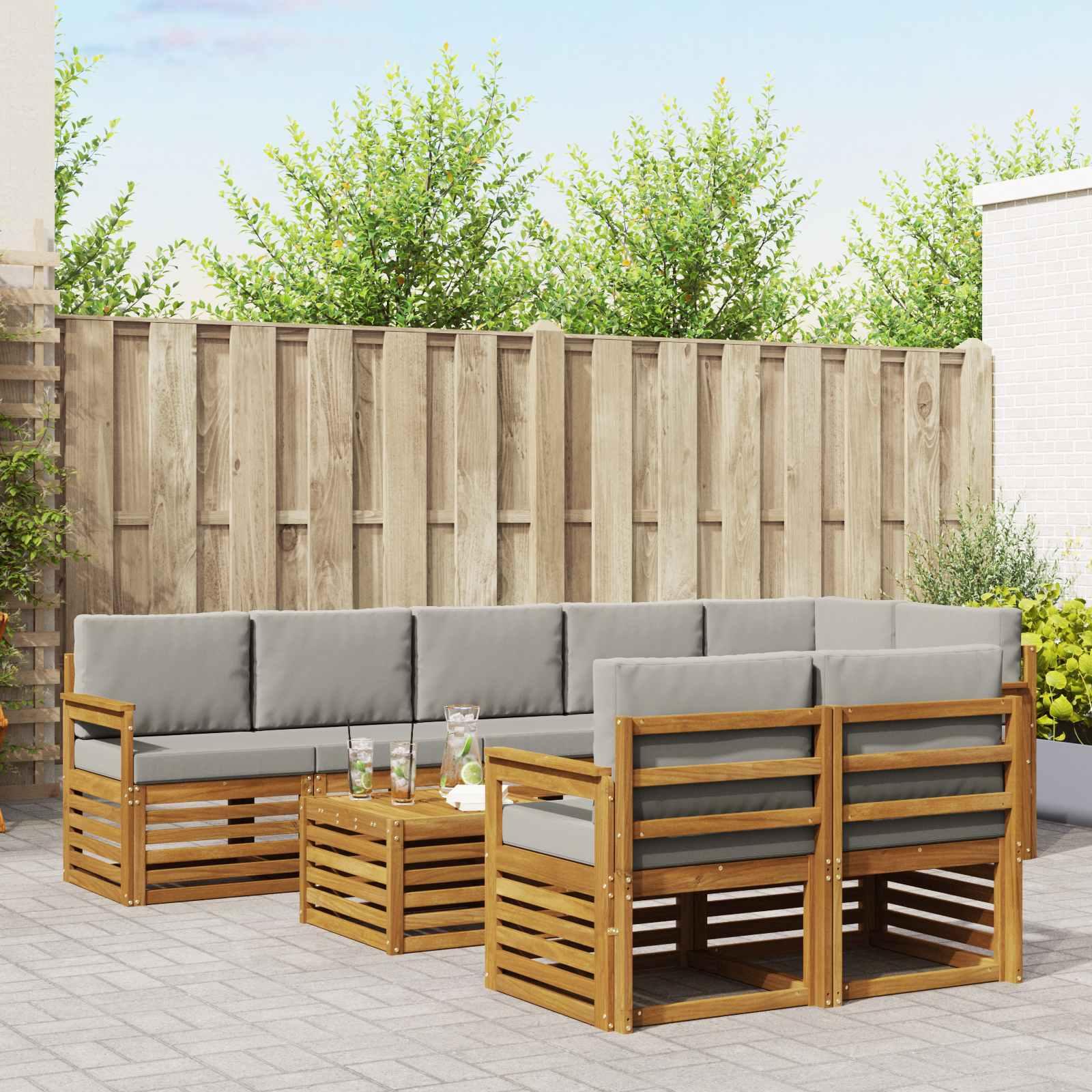 Sofasæt med pude 9 stk Naturlig og Lys Grå Massivt Akacietræ