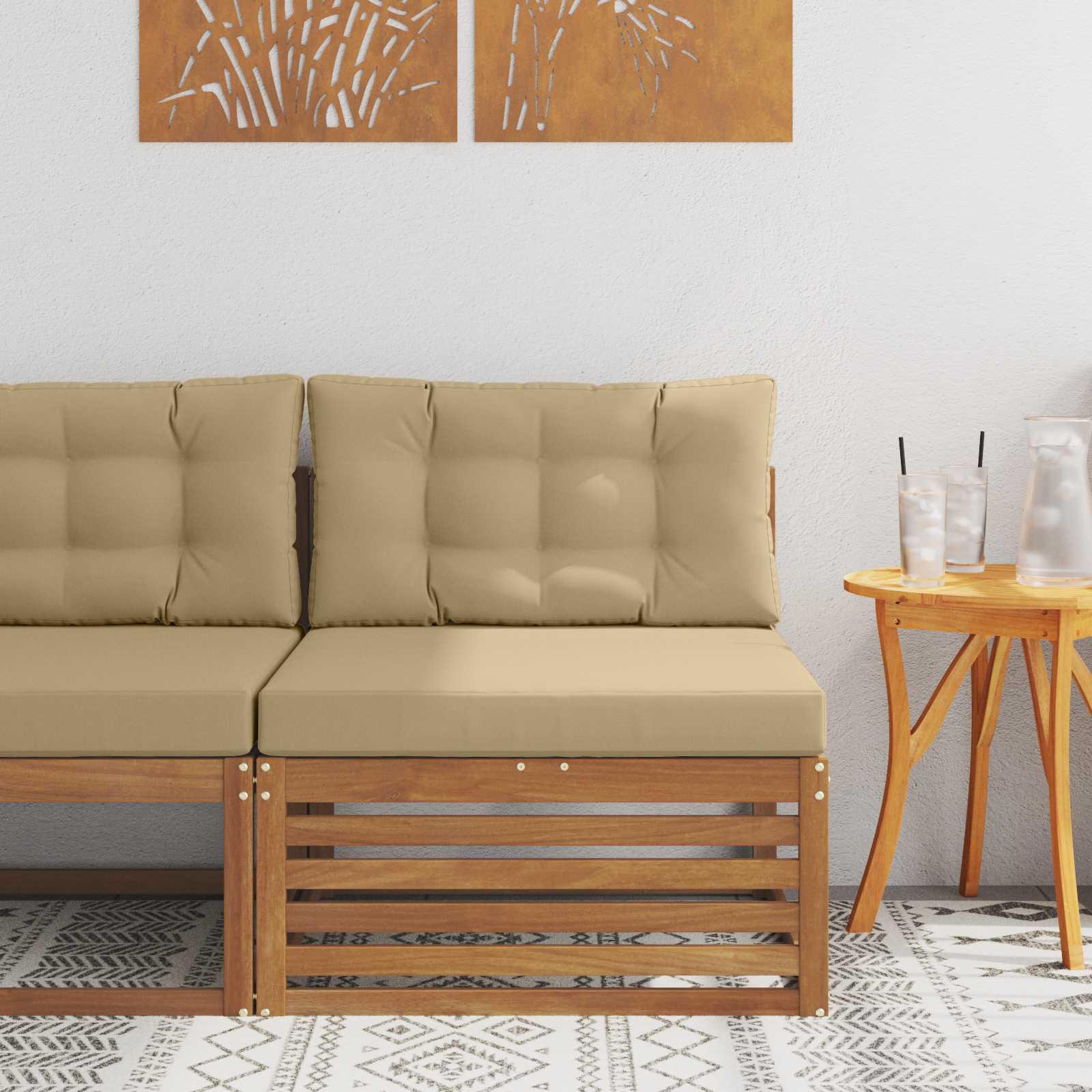 Udendørs midtersofa i massivt akacietræ - naturfarvet med beige puder