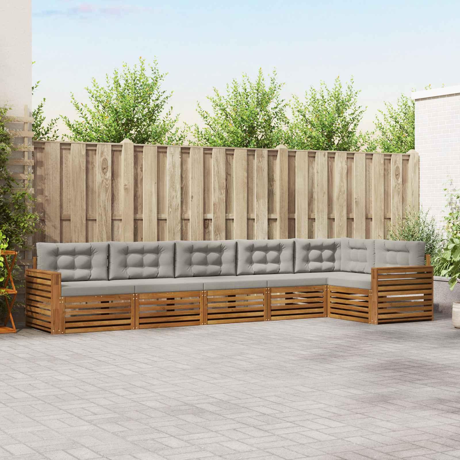Udendørs sofagruppe i akacietræ - 6-pers. modulsofa, naturlig/lys grå