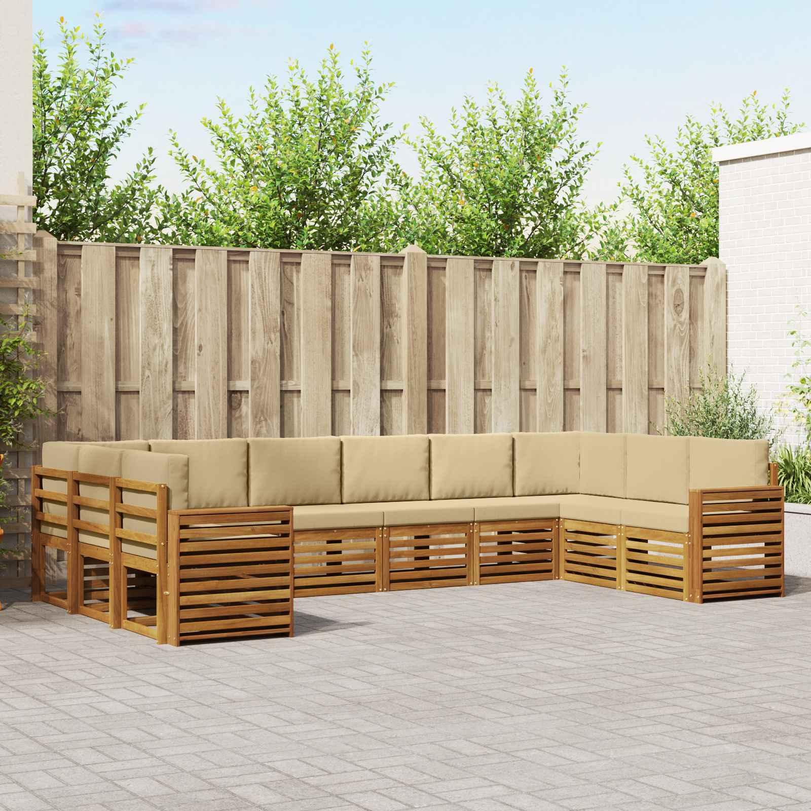 Sofasæt 10 Dele Massivt Akacietræ - Naturlig og beige / Bred flad