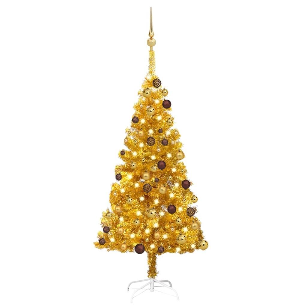 Kunstigt juletræ med lys og kuglesæt 120 cm PET guldfarvet