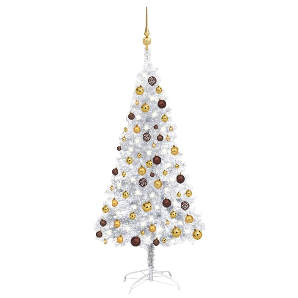Kunstigt juletræ med lys og kuglesæt 150 cm PET sølvfarvet