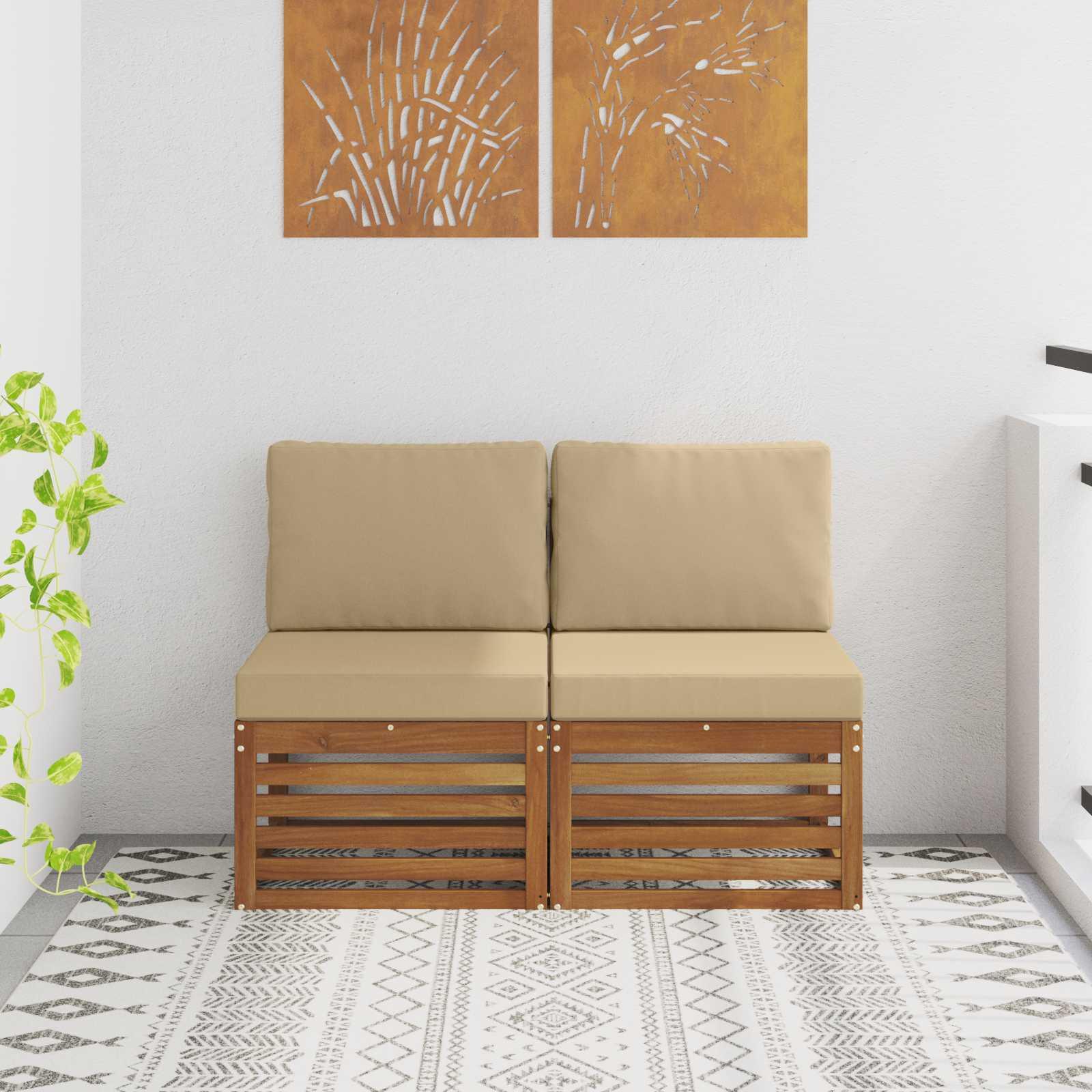 2 Stk Udendørs Mellem Sofa Massivt Akacietræ Naturfarvet