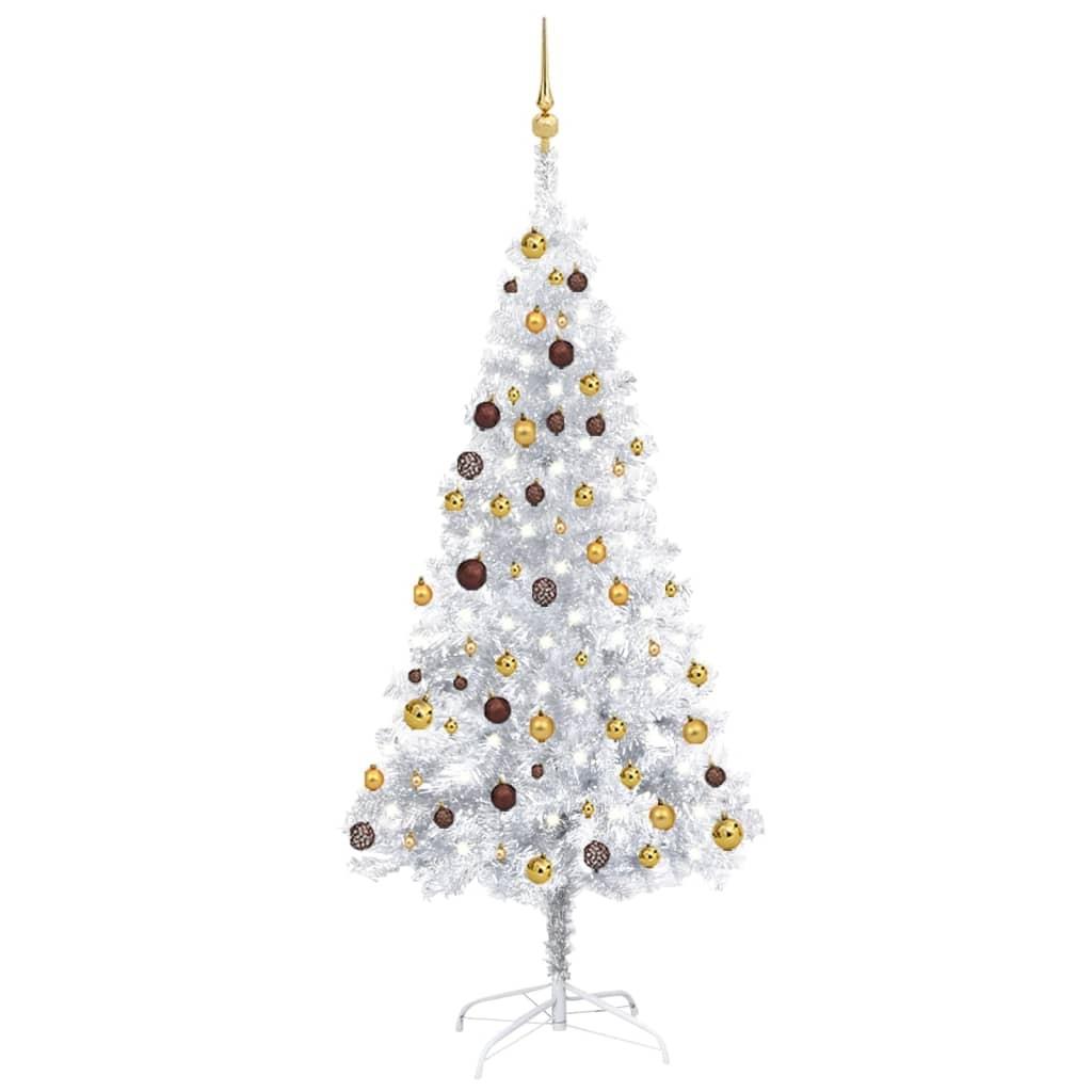 Kunstigt juletræ med lys og kuglesæt 180 cm PET sølvfarvet