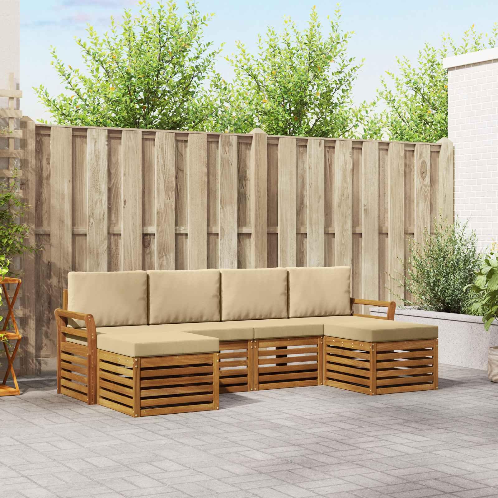 Sofasæt 6 Dele Massivt Akacietræ - Naturlig og beige / Kurvet