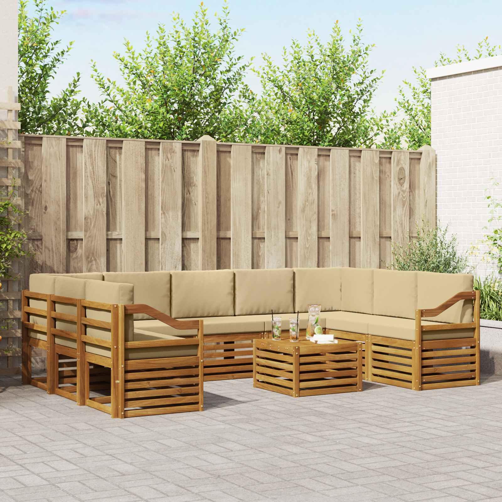 Sofasæt Med Pude 10 Dele Massivt Akacietræ - Naturlig og beige / Skrå