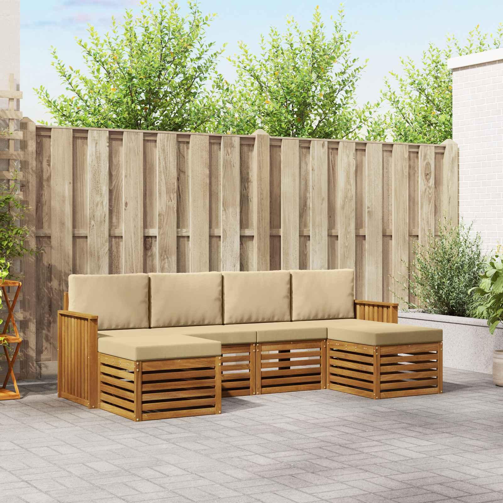 Sofasæt 6 Dele Massivt Akacietræ - Naturlig og beige / Skinne