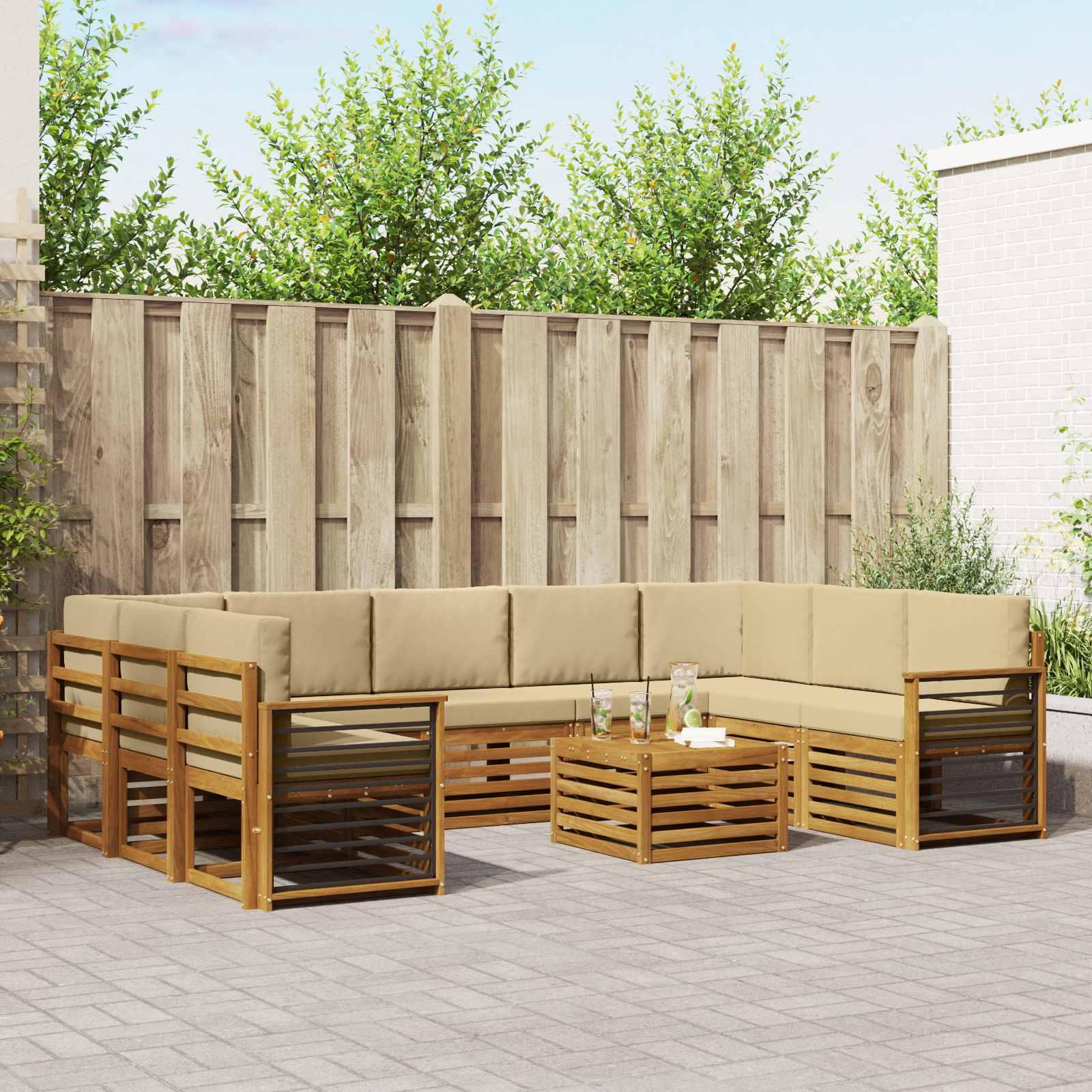 Sofasæt Med Pude 10 Dele Massivt Akacietræ - Naturlig og beige / egnet til lejlighed