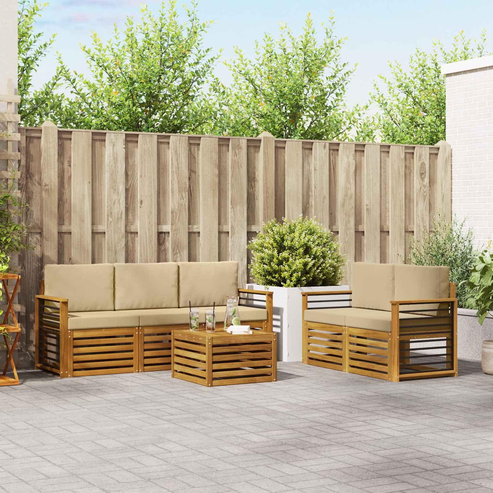 Sofasæt med pude 6 stk Naturlig og Beige Massivt Akacietræ