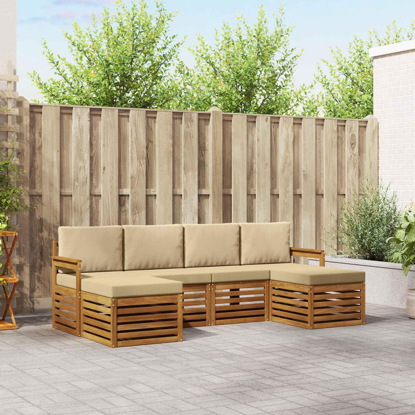 Sofasæt 6 Dele Massivt Akacietræ - Naturlig og beige / Åben ramme