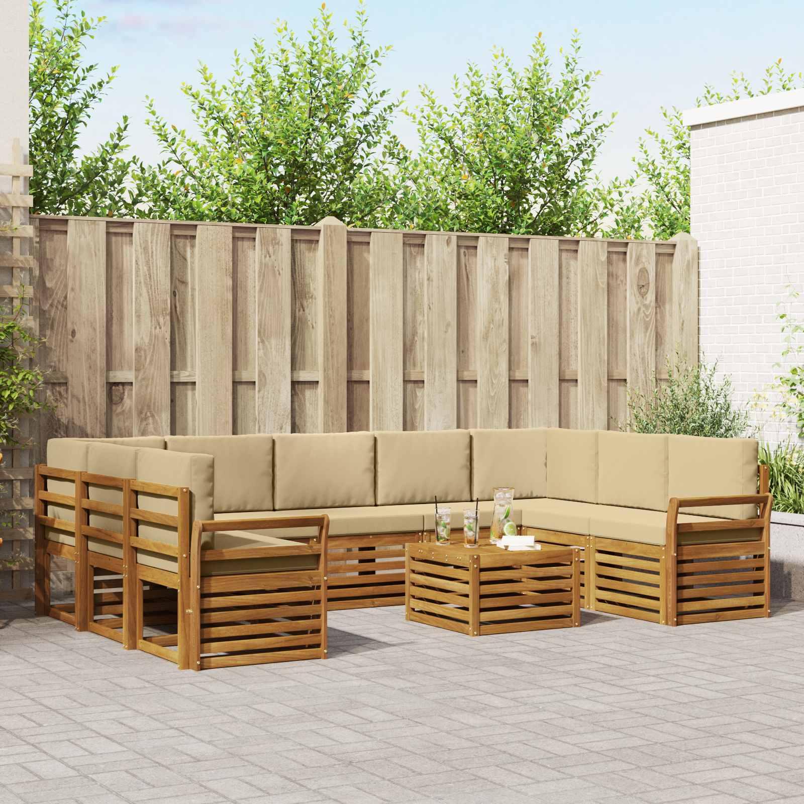 Sofasæt Med Pude 10 Dele Massivt Akacietræ - Naturlig og beige / Kurvet