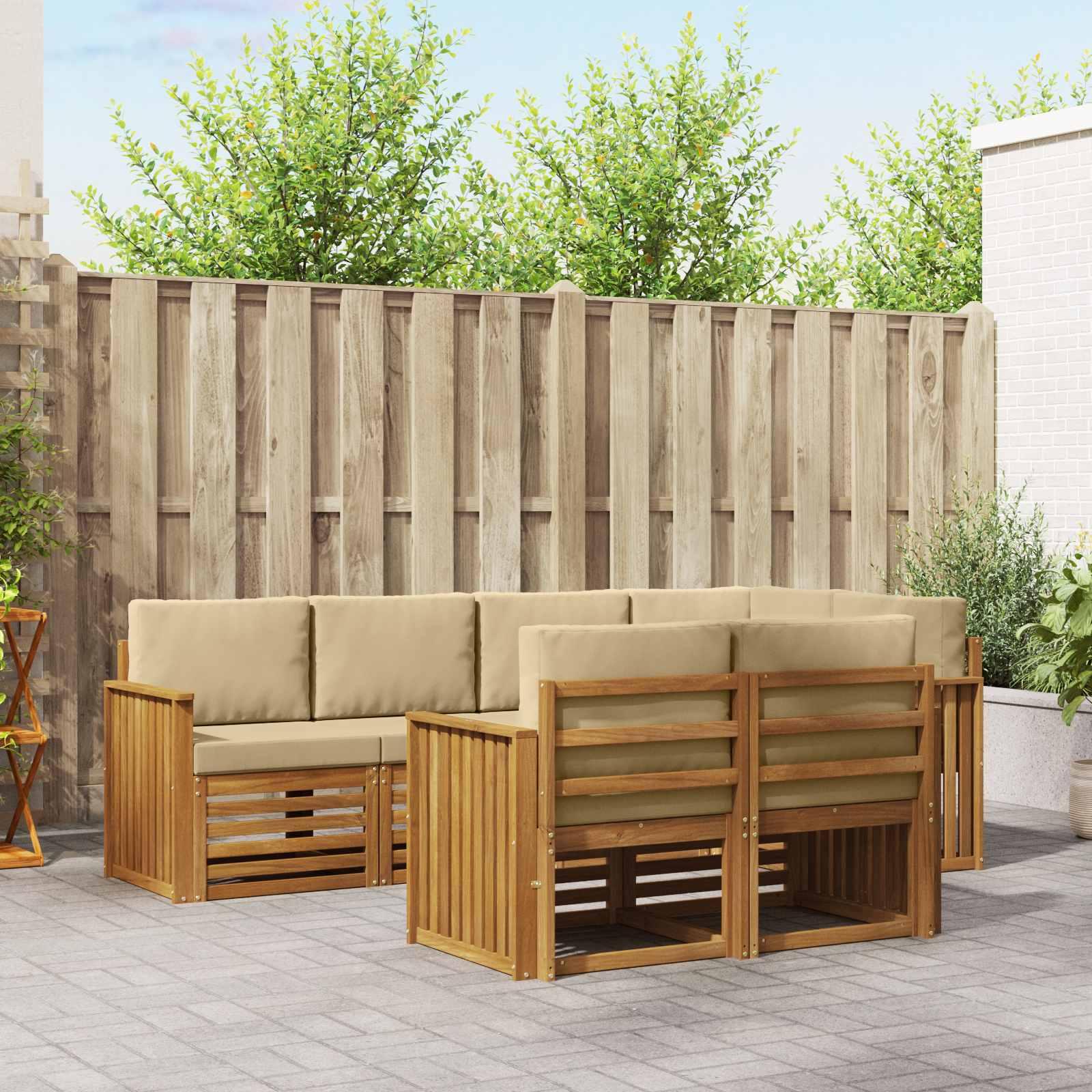 Sofasæt 7 Dele Massivt Akacietræ - Naturlig og beige / Skinne