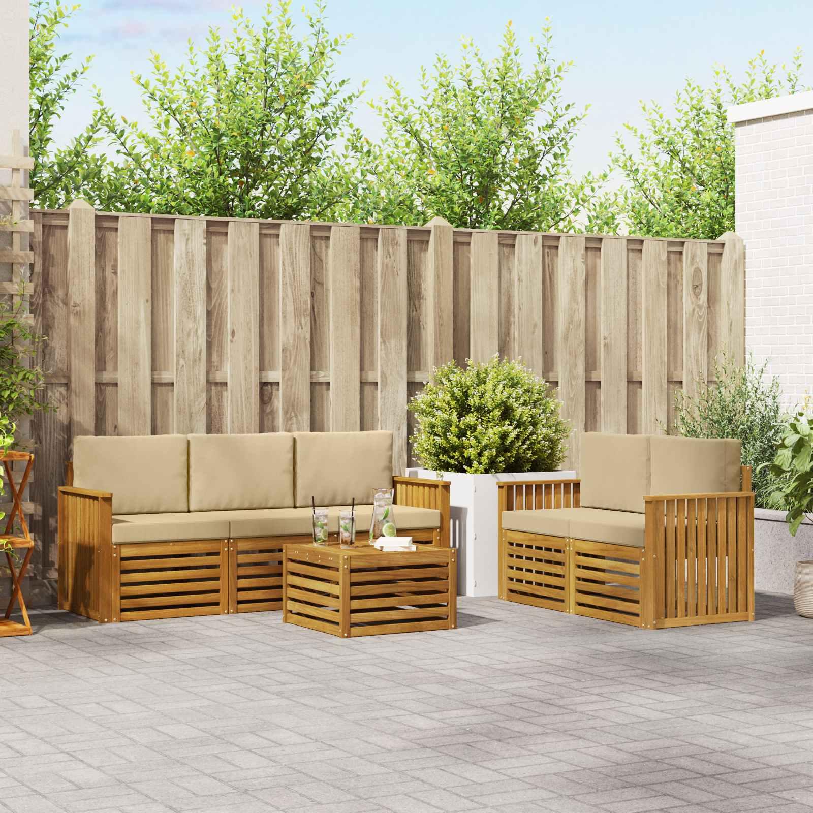 Sofasæt Med Pude 6 Dele Massivt Akacietræ - Naturlig og beige / Skinne