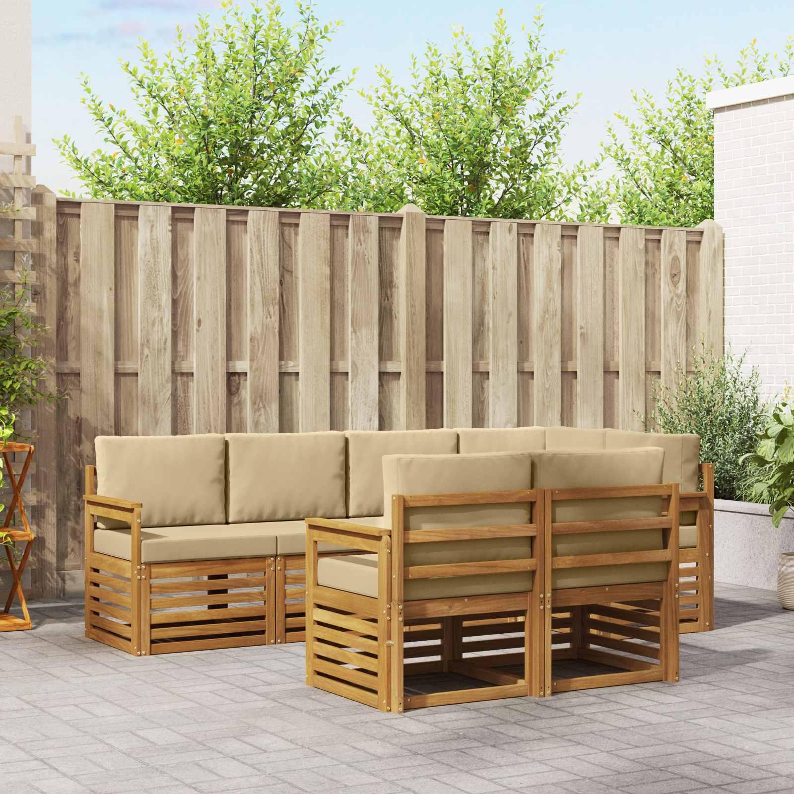 Sofasæt 7 Dele Massivt Akacietræ - Naturlig og beige / Åben ramme