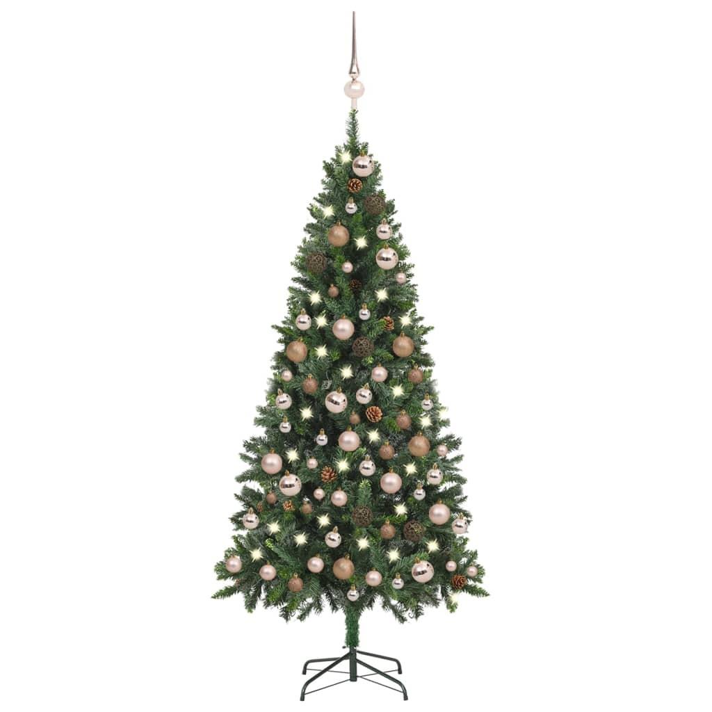 Kunstigt juletræ med sne, LED-lys, kugler og grankogler - 180 cm