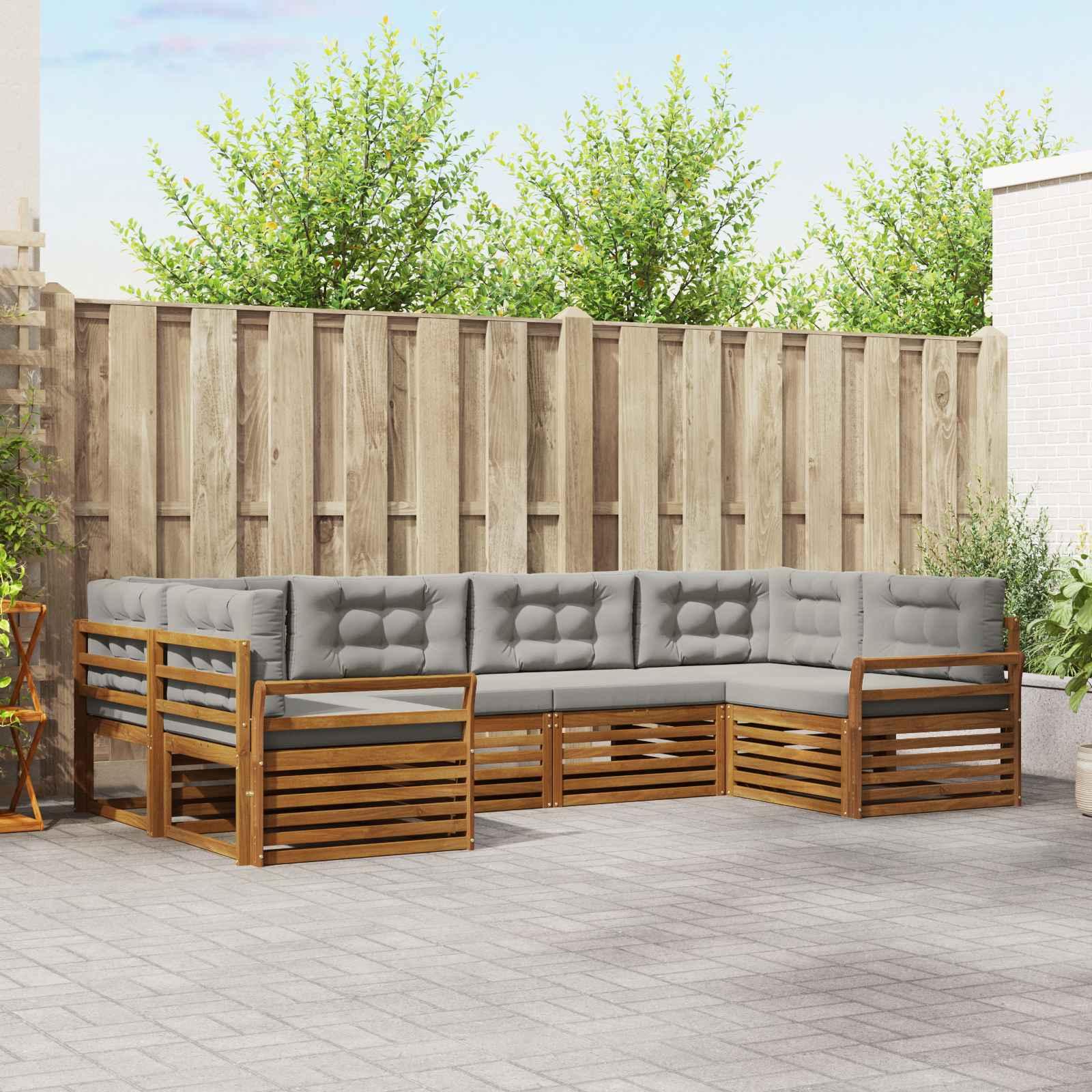 Sofasæt 6 Dele Massivt Akacietræ - Naturfarvet og lysegrå / Kurvet