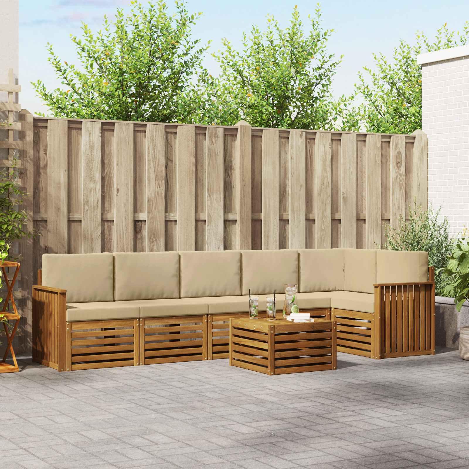 Sofasæt Med Pude 7 Dele Massivt Akacietræ - Naturlig og beige / Skinne