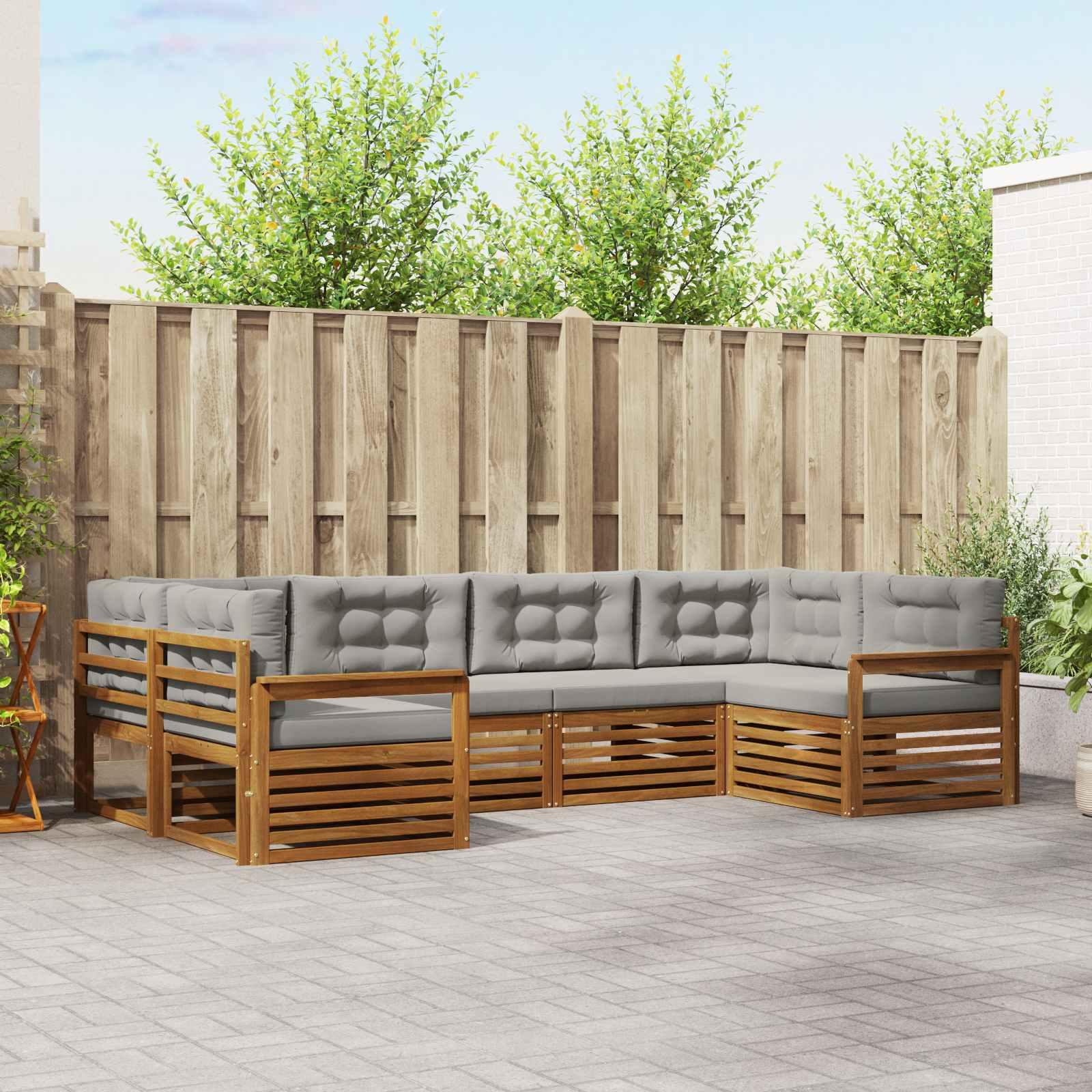 Sofasæt 6 Dele Massivt Akacietræ - Naturfarvet og lysegrå / Åben ramme