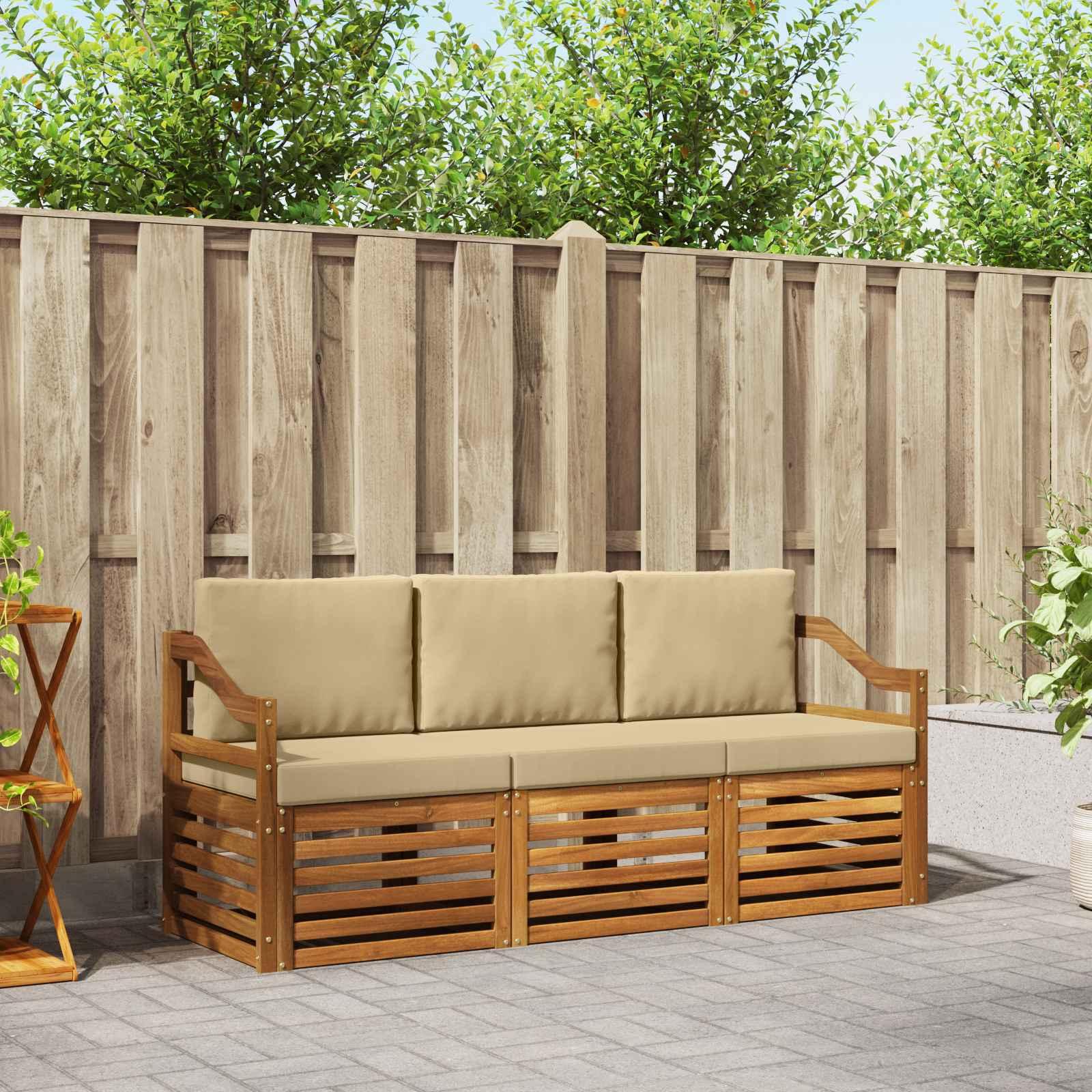 Sofasæt med pude 3 stk Naturlig og Beige Massivt Akacietræ