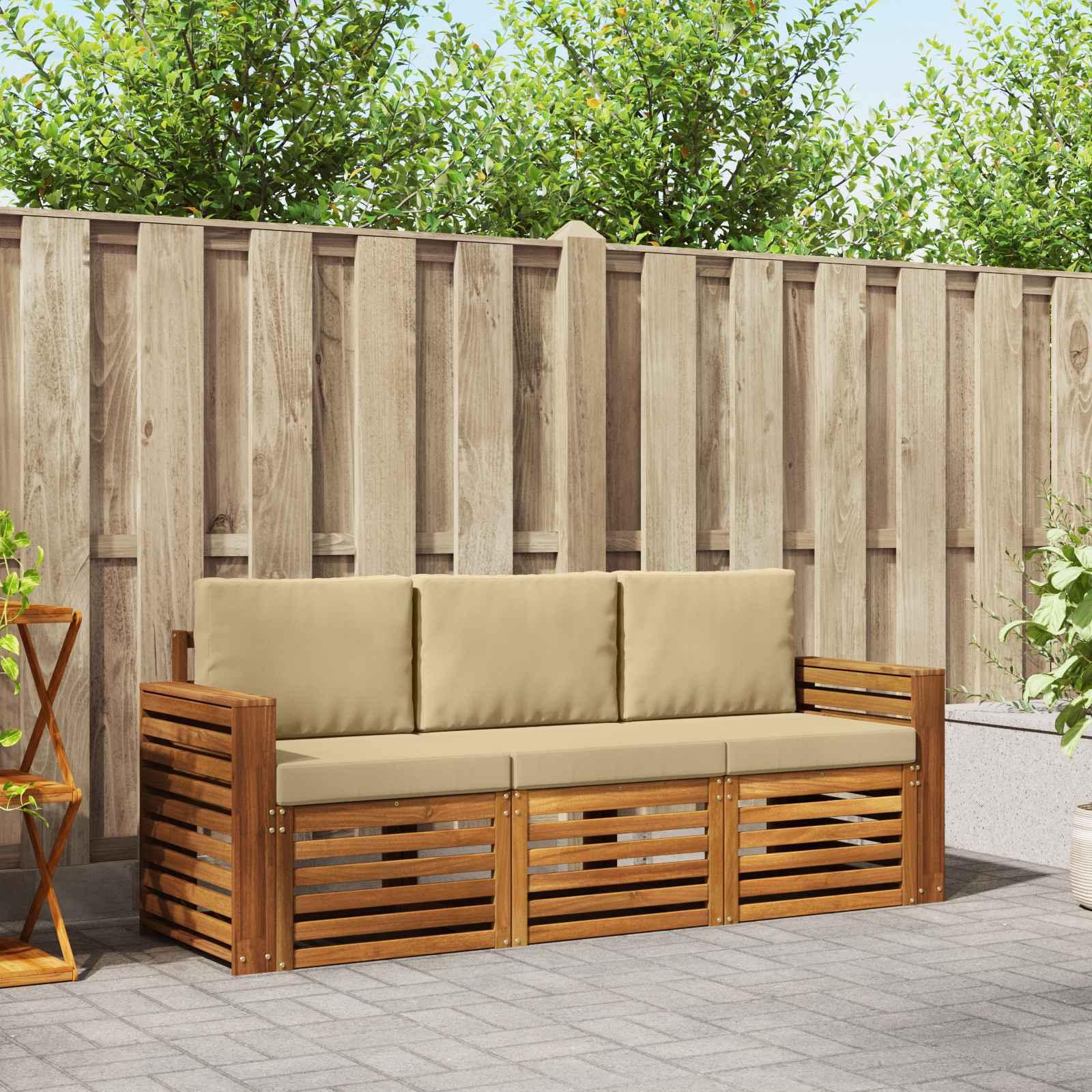 Sofasæt med pude 3 stk Naturlig og Beige Massivt Akacietræ