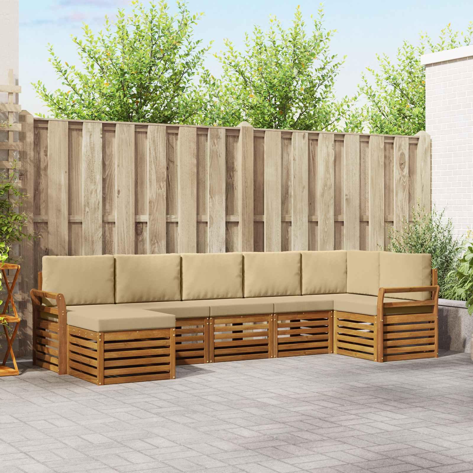 Sektionalsofa Sæt 7 Dele Massivt Akacietræ - Naturlig og beige / Kurvet