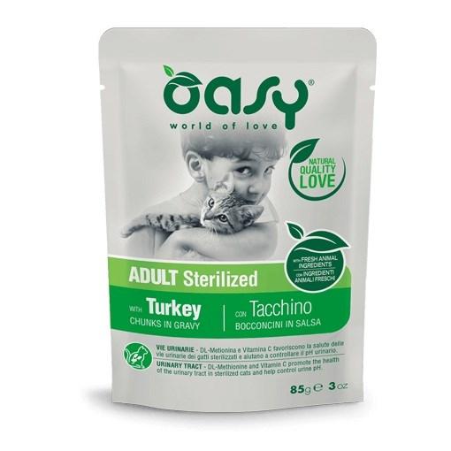 Oasy Adult Sterilized vådfoder med kalkun – bidder i sovs 85 g